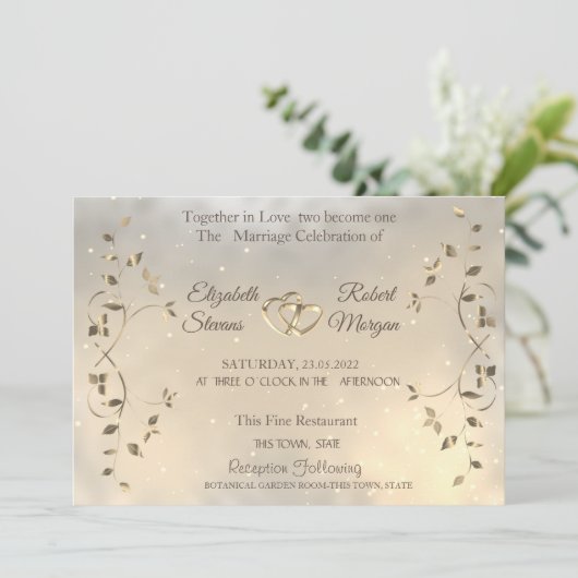 Elegant Chic Gold Hearts Leaves Wedding  Kaart (Staand voorkant)