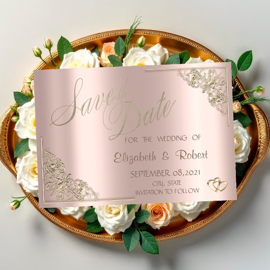 Elegant Chic Gold Hearts, Lijst Roos Gold Save The Date