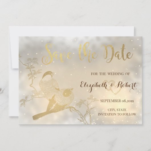 Elegant Chic Gold Hearts, vogels bewaren de datum Save The Date (Voorkant)