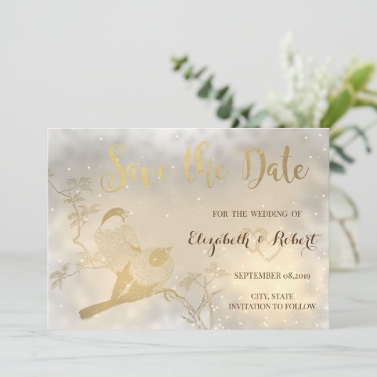 Elegant Chic Gold Hearts, vogels bewaren de datum Save The Date (Staand voorkant)