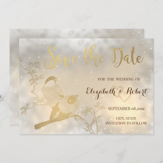 Elegant Chic Gold Hearts, vogels bewaren de datum Save The Date (Voorkant / Achterkant)