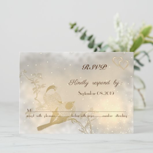 Elegant Chic Gold Hearts, vogels RSVP Kaart (Staand voorkant)