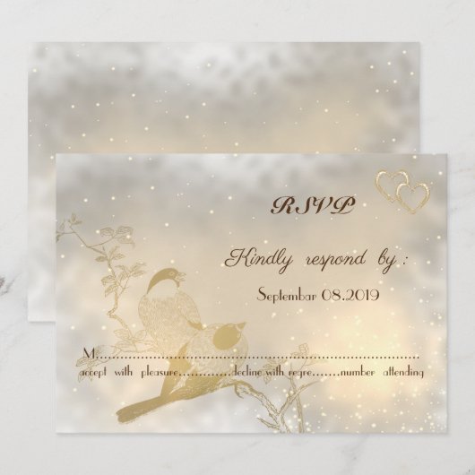 Elegant Chic Gold Hearts, vogels RSVP Kaart (Voorkant / Achterkant)