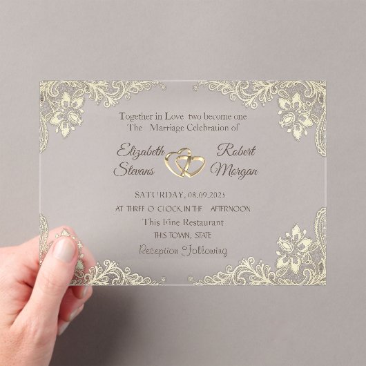 Elegant Chic Gold Hearts Wedding Acryl Uitnodigingen (Insitu (Draagbaar))