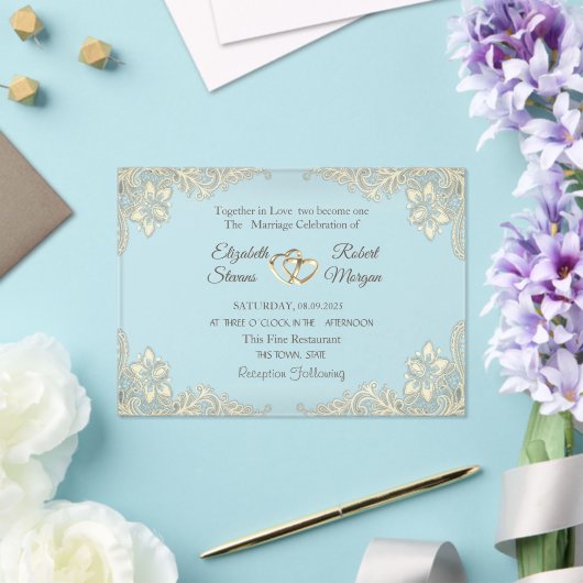 Elegant Chic Gold Hearts Wedding Acryl Uitnodigingen (Insitu (Huwelijk))