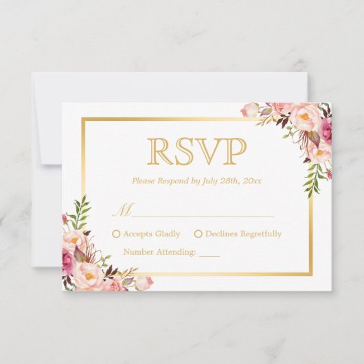Elegant Chic Gold Lijst Blush Pink Floral Wedding RSVP Kaartje (Voorkant)