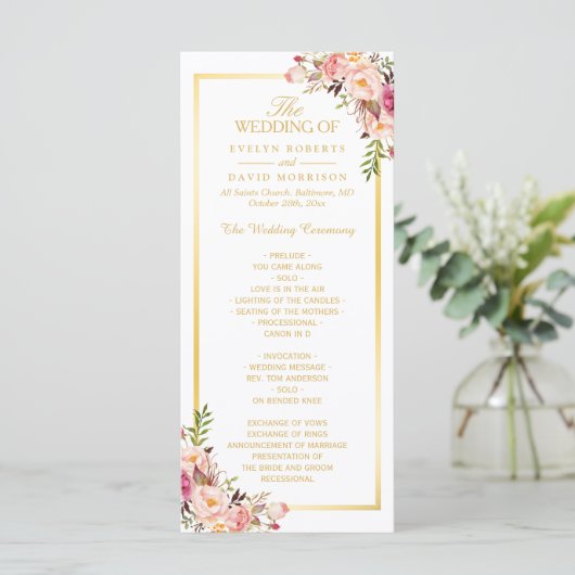 Elegant Chic Gold Lijst Floral Wedding Programme Programmakaart (Staand voorkant)