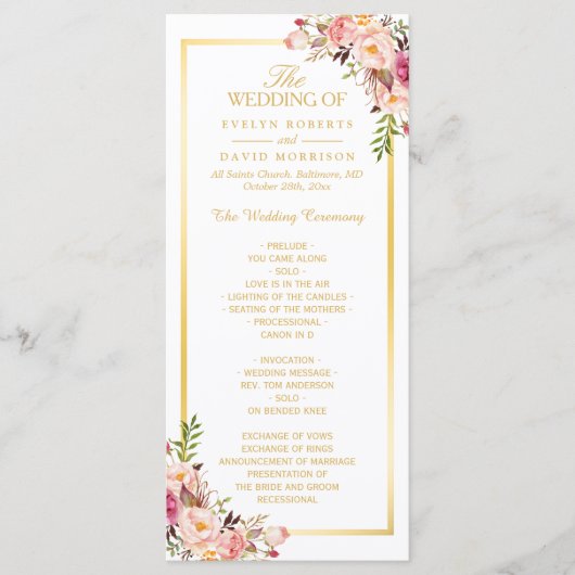 Elegant Chic Gold Lijst Floral Wedding Programme Programmakaart (Voorkant)