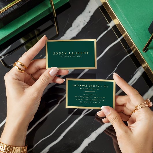 Elegant chic gold metallic forest green minimalist visitekaartje