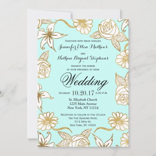 Elegant Chic Gold Mint Flowers Wedding Invitations Kaart (Voorkant)