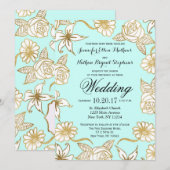 Elegant Chic Gold Mint Flowers Wedding Invitations Kaart (Voorkant / Achterkant)