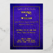 Elegant Chic Gold op Blauw Lederen Trouwen Folie Uitnodiging (Voorkant)