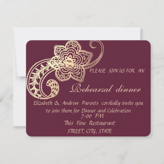 Elegant Chic Gold Paisley Rehearsal Dinner Kaart (Voorkant)