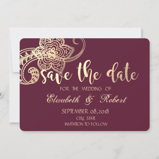Elegant Chic Gold Paisley slaat de datum op Save The Date (Voorkant)