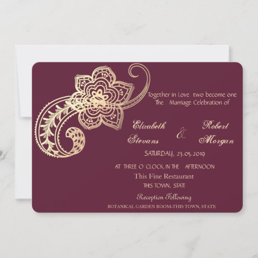 Elegant Chic Gold Paisley Wedding Invitation Kaart (Voorkant)