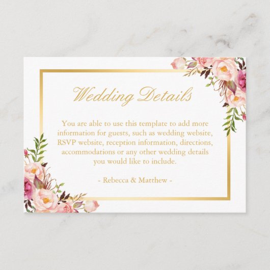 Elegant Chic Gold Pink Floral Wedding Details Informatiekaartje (Voorkant)