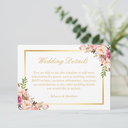 Elegant Chic Gold Pink Floral Wedding Details Informatiekaartje (Staand voorkant)