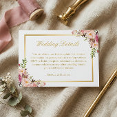 Elegant Chic Gold Pink Floral Wedding Details Informatiekaartje