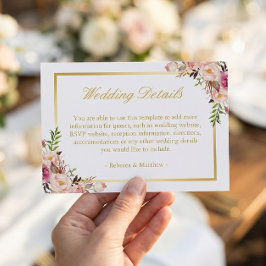 Elegant Chic Gold Pink Floral Wedding Details Informatiekaartje