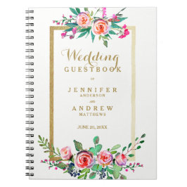 Elegant Chic Gold Pink Floral Wedding Guestbook Notitieboek