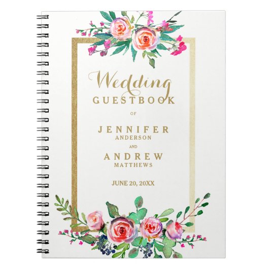 Elegant Chic Gold Pink Floral Wedding Guestbook Notitieboek (Voorkant)