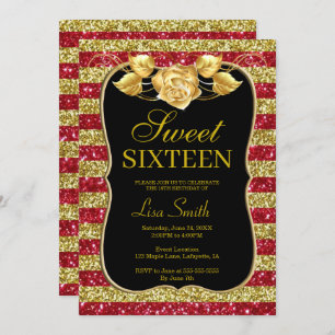Elegant Chic Gold Red Glitter Roos Sweet 16 Kaart