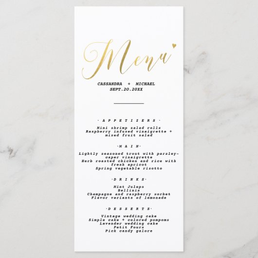 Elegant chic Gold Script Weddenschap Menu (Voorkant)