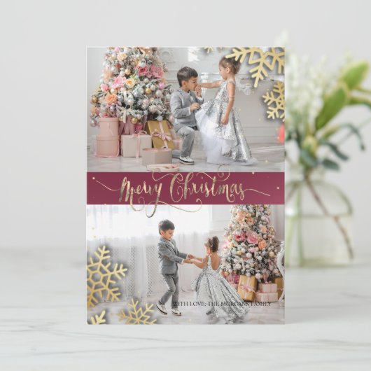 Elegant Chic Gold Snowflakes Foto Merry Kerstry (Staand voorkant)