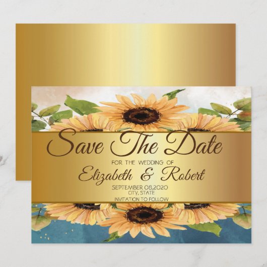 Elegant Chic Gold Sunflower bewaart de datum Save The Date (Voorkant / Achterkant)