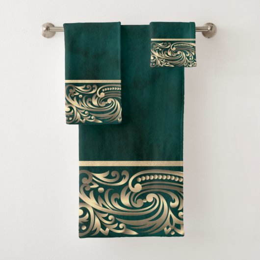 Elegant Chic Gold Swirls Green Bad Handdoek (Insitu)