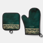 Elegant Chic Gold Swirls Green Ovenwant & Pannenlap Set (Voorkant)
