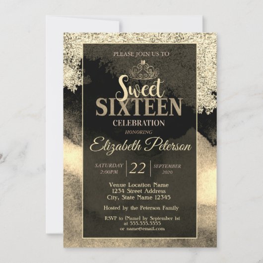 Elegant Chic Gold Tiara, Lijst Sweet 16 Party Kaart (Voorkant)