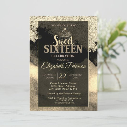 Elegant Chic Gold Tiara, Lijst Sweet 16 Party Kaart (Staand voorkant)