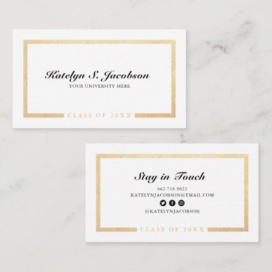 Elegant chic gold white afstuderen class van naam  contactkaartje (Voorkant / Achterkant)