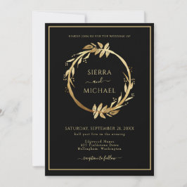 Elegant Chic Golden Foliage Black Wedding Kaart