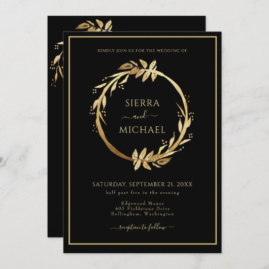 Elegant Chic Golden Foliage Black Wedding Kaart (Voorkant / Achterkant)