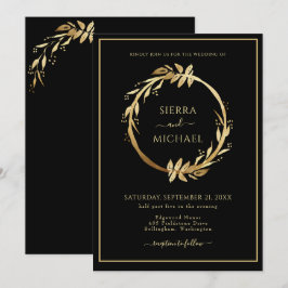 Elegant Chic Golden Foliage Black Wedding Kaart