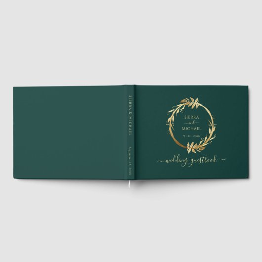 Elegant Chic Golden Foliage Emerald Green Wedding Gastenboek (Volledig)