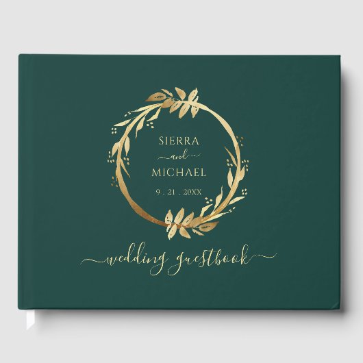 Elegant Chic Golden Foliage Emerald Green Wedding Gastenboek (Voorkant)