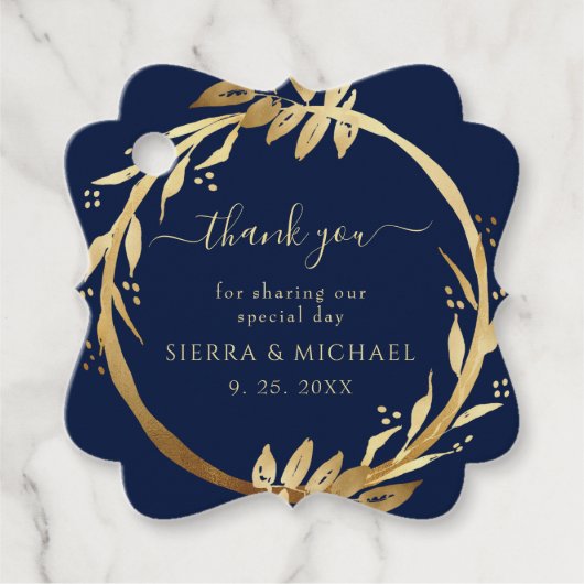 Elegant Chic Golden Foliage Navy Blue Wedding Bedankjes Labels (Voorkant)