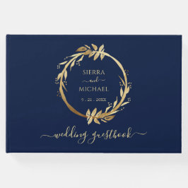 Elegant Chic Golden Foliage Navy Blue Wedding Gastenboek