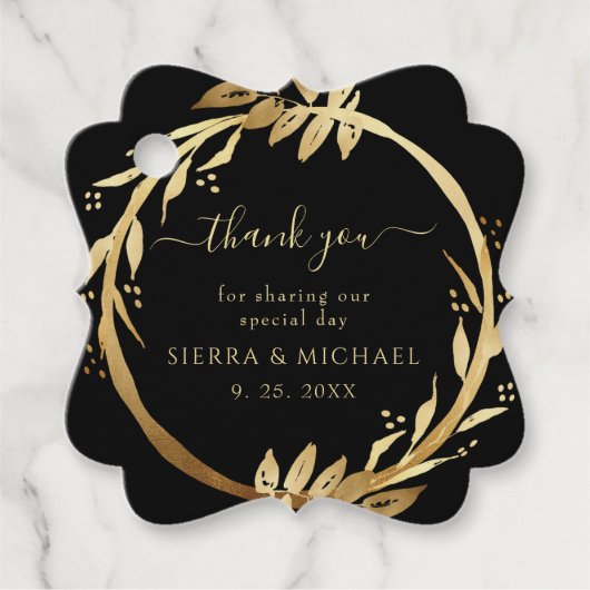 Elegant Chic Golden Foliage Wreath Black Wedding Bedankjes Labels (Voorkant)