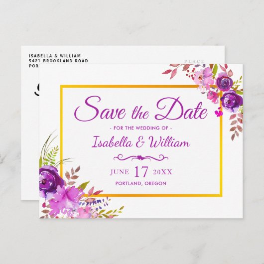 Elegant Chic Goud Paarse Bloemen Save the Date Aankondigingskaart (Voorkant / Achterkant)