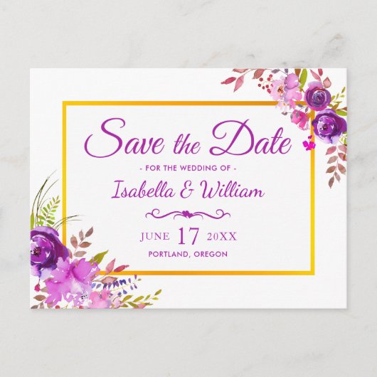 Elegant Chic Goud Paarse Bloemen Save the Date Aankondigingskaart (Voorkant)