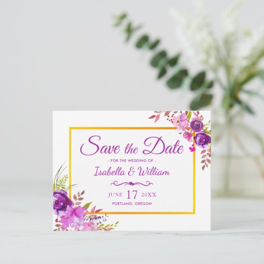 Elegant Chic Goud Paarse Bloemen Save the Date Aankondigingskaart (Staand voorkant)