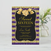 Elegant Chic Goud Paarse Glitter Roos Sweet 16 Kaart (Staand voorkant)