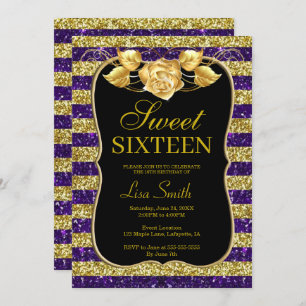 Elegant Chic Goud Paarse Glitter Roos Sweet 16 Kaart
