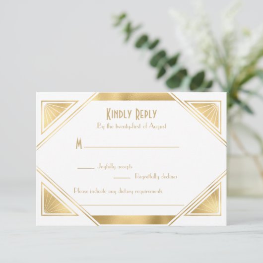 Elegant chic Great Gatsby Art Deco RSVP-kaart RSVP Kaartje (Staand voorkant)