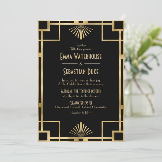Elegant chic Great Gatsby Art Deco Wedding Kaart (Staand voorkant)