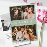 Elegant Chic Green 3 Photo Collage Wedding Bedankkaart<br><div class="desc">Moderne, elegante "Love and Bedankt" Script Sage Green Wedding 3 Foto Collage Hartelijk dank. Stijlvolle, chic bruiloft bedankt je sjabloon met drie (3) foto op de voorkant en één (1) foto op de achterkant. Met het tekst "Liefde en bedankt"-script in een ronde, cursieve, met de hand geschreven typografie swash-tail font...</div>